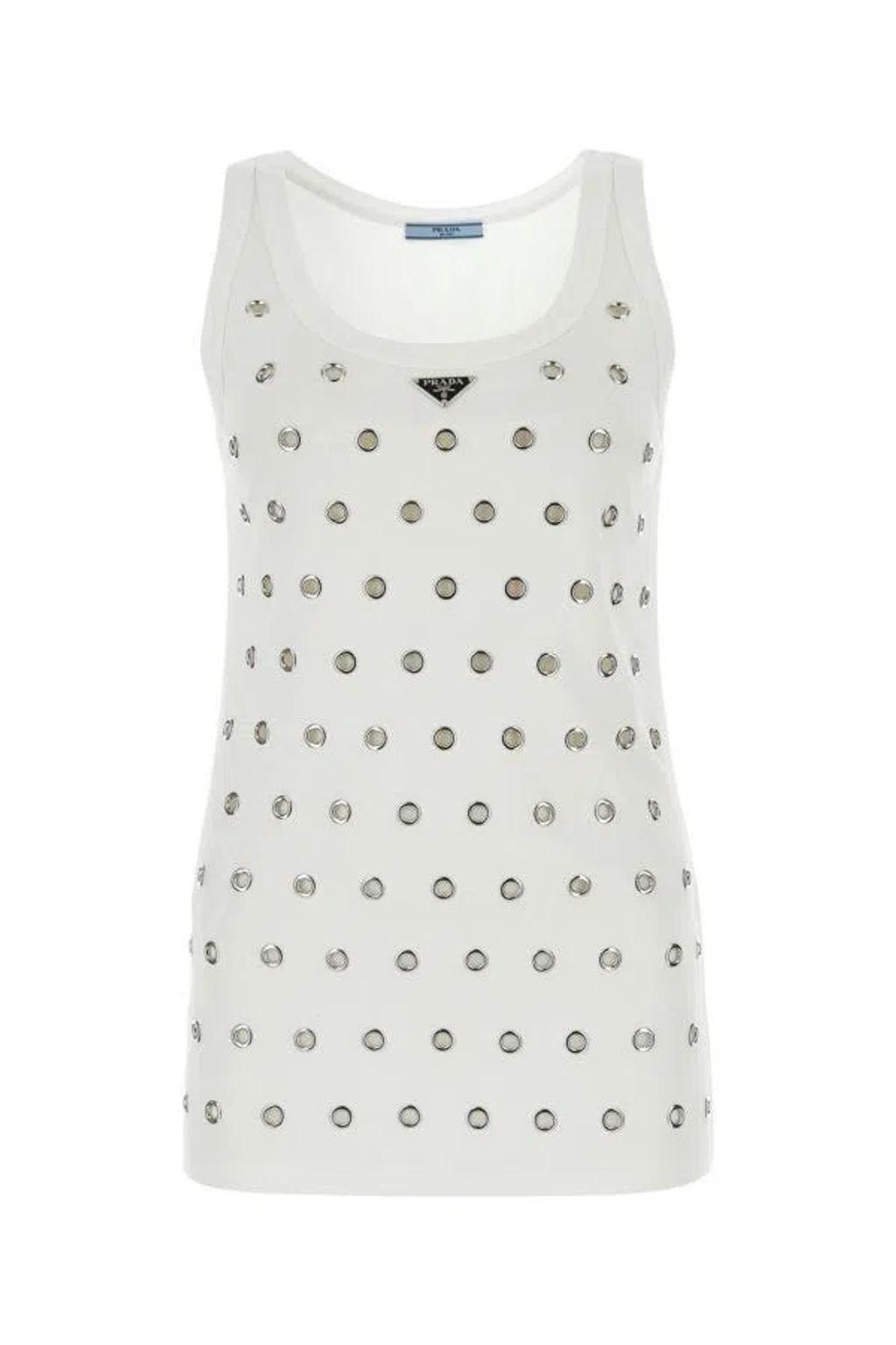 White Cotton Tank Top With Eyelets Women Product Image