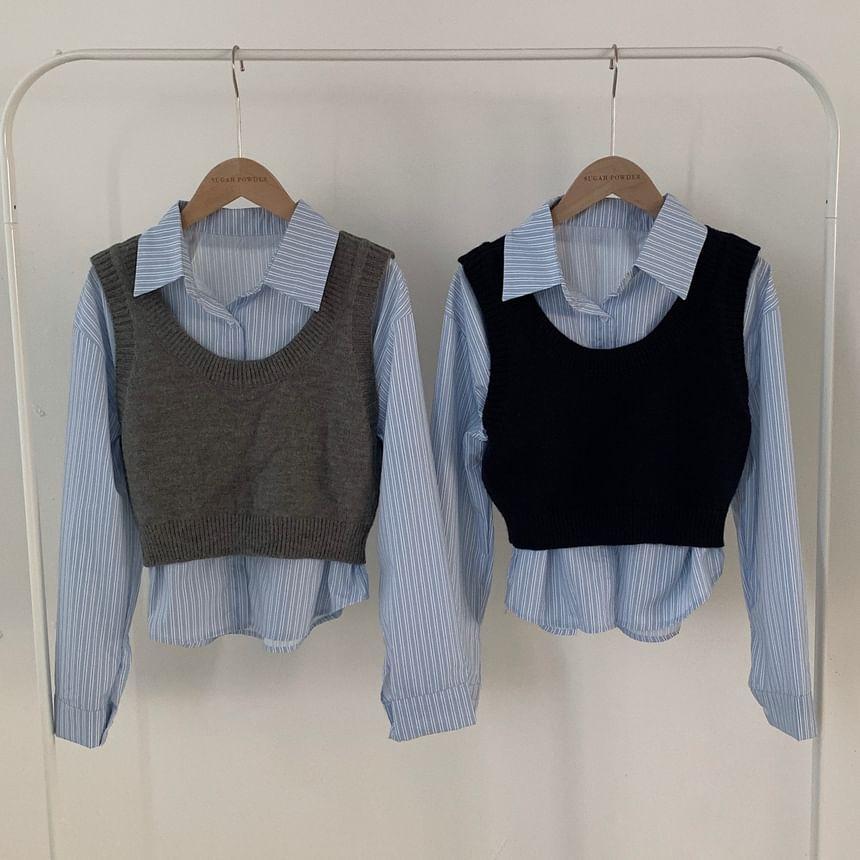 Striped Shirt / Plain Cropped Sweater Vest Product Image