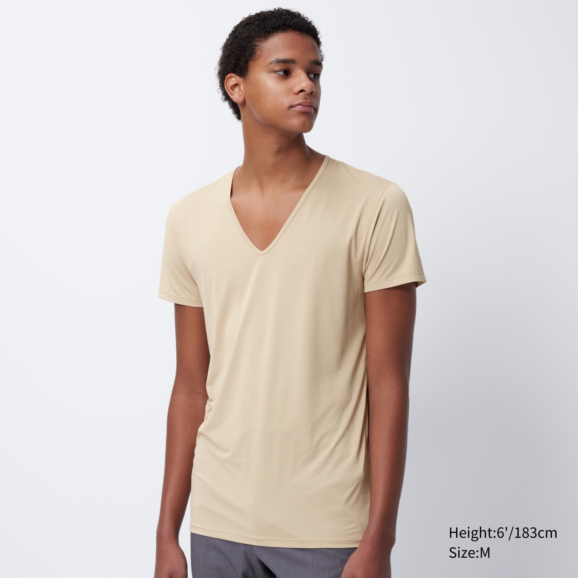 Mens Airism V-Neck T-Shirt with Odor Control Beige 3XL UNIQLO US Product Image