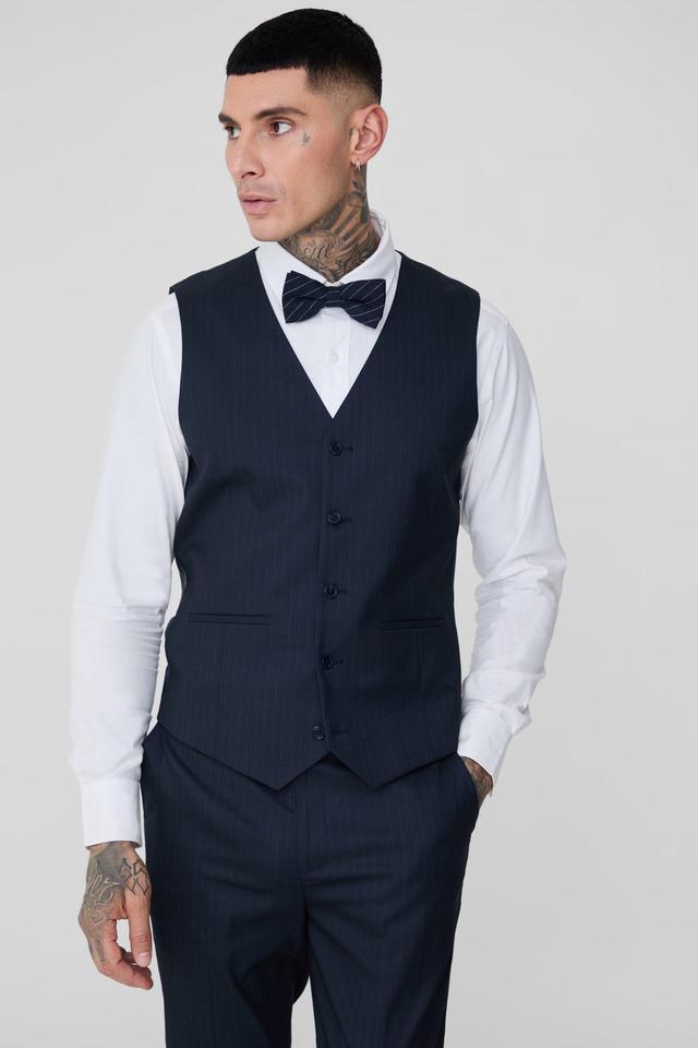 Tall Navy Pinstripe Vest | boohooMAN USA Product Image