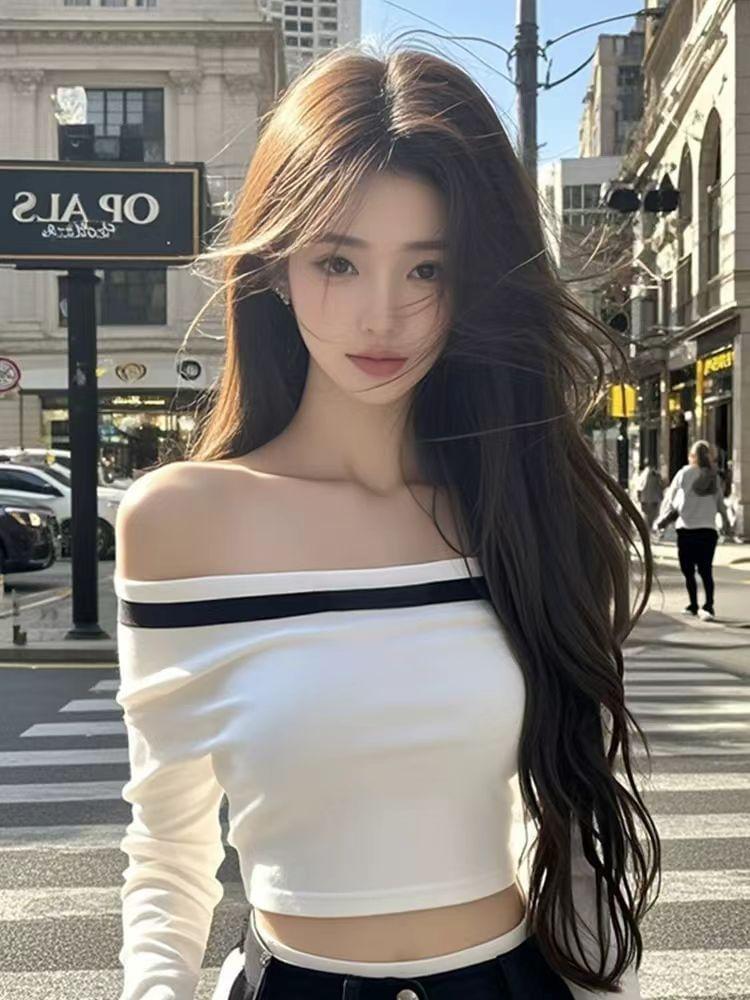 Long Sleeve Off Shoulder Striped Crop Top Product Image