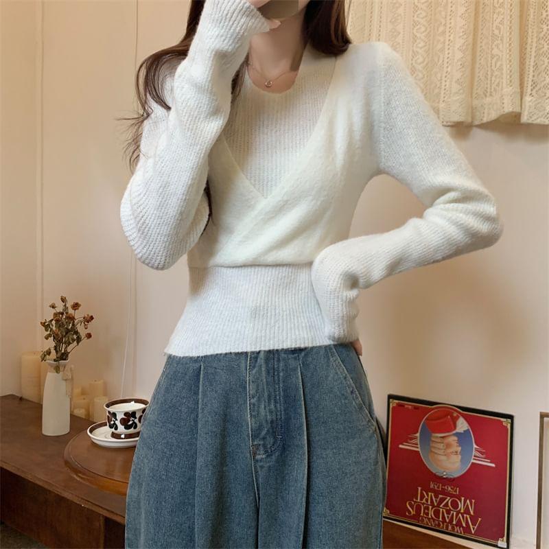 Mock Two-Piece Long-Sleeve Plain Knit Top Product Image