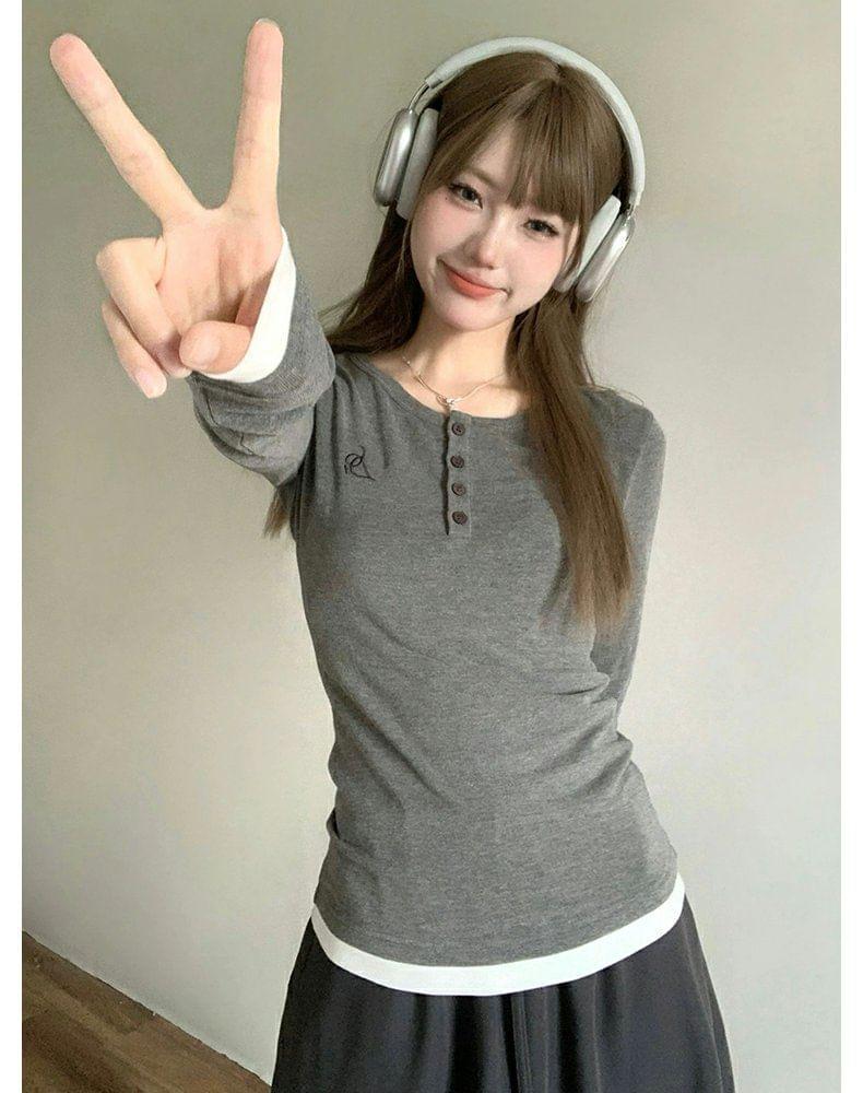 Mock Two-Piece Long-Sleeve Half Buttoned Plain Top Product Image