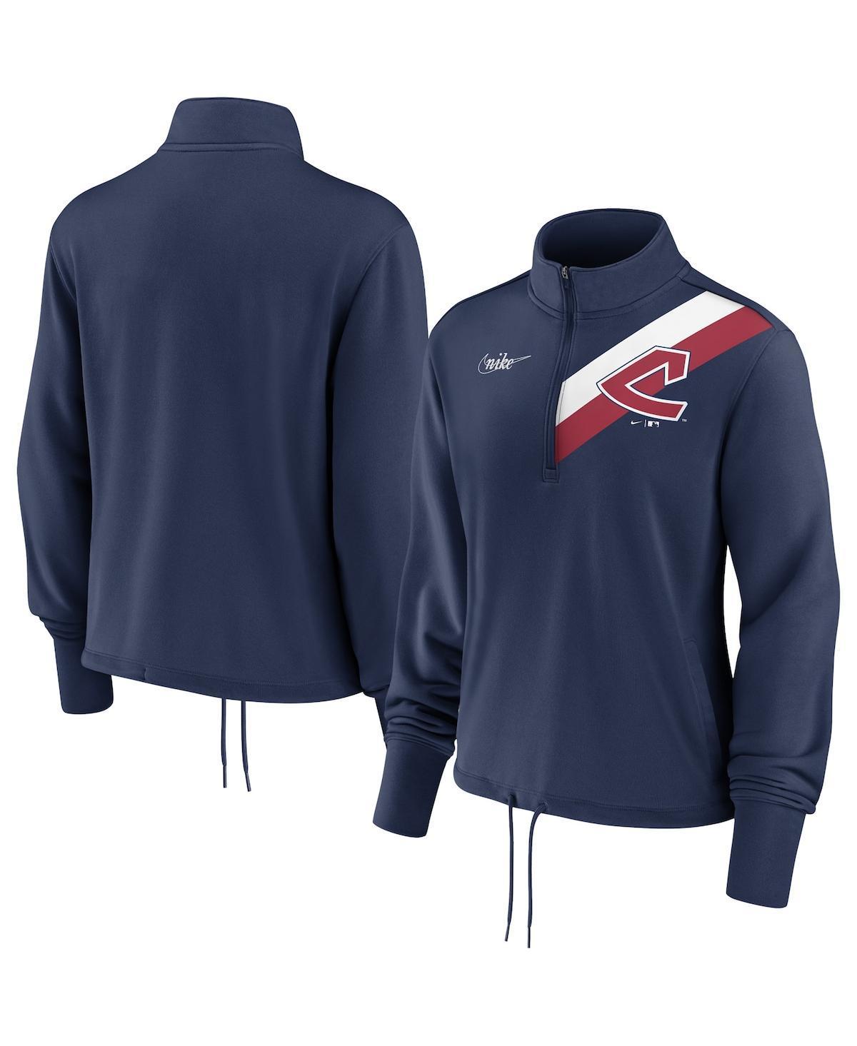 Womens Nike Cleveland Indians 1973-77 Cooperstown Collection Rewind Stripe Performance Half-Zip Pullover Blue Product Image