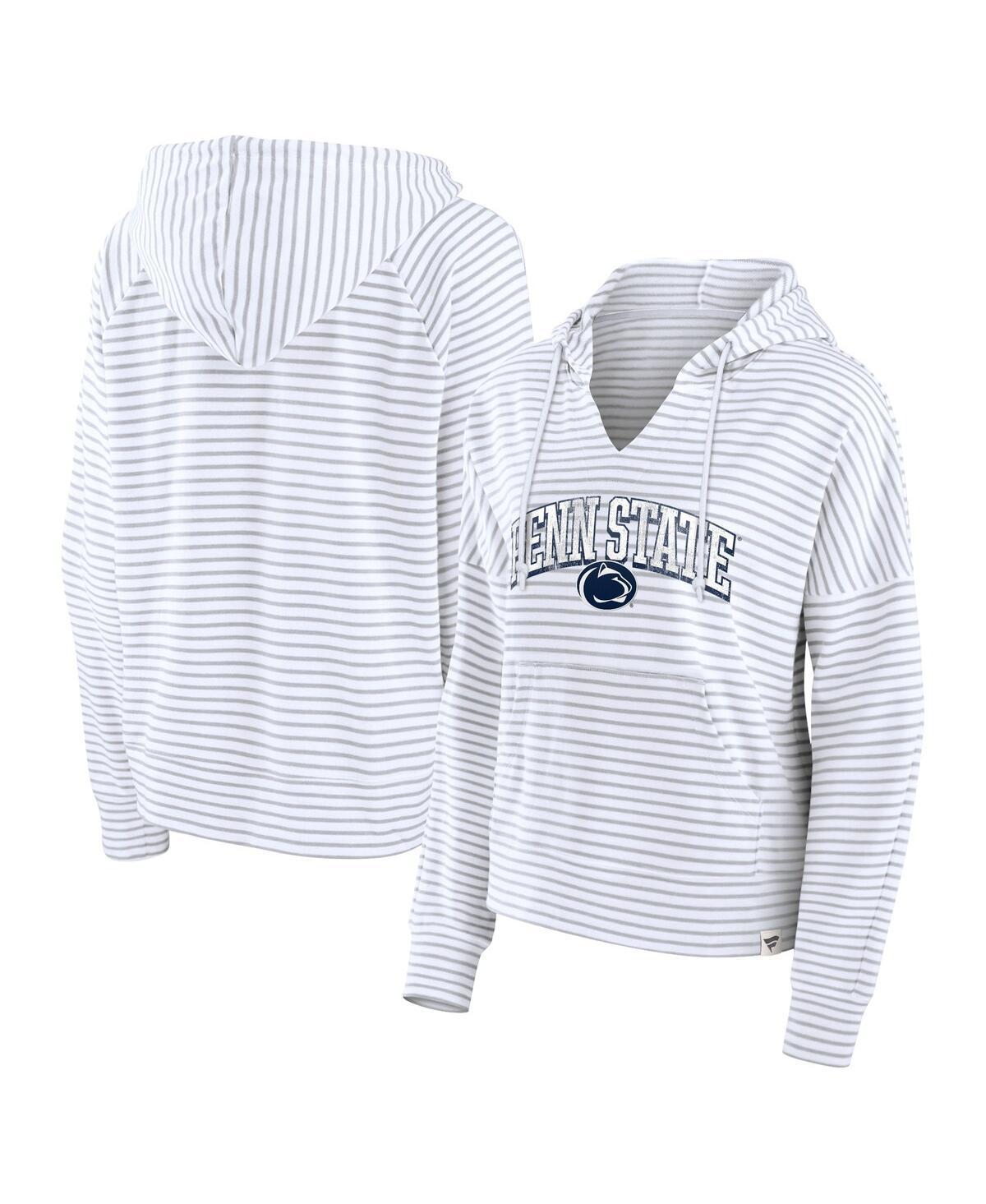 Fanatics Womens White Penn State Nittany Lions Arch Logo Striped Notch Neck Pullover Hoodie - White, Gray Product Image