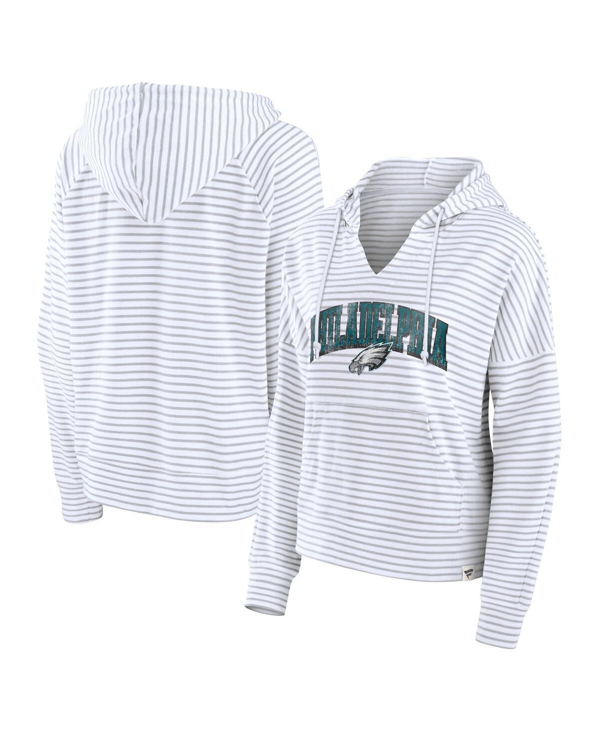 Fanatics Womens White Philadelphia Eagles Striped Notch Neck Pullover Hoodie - White, Gray Product Image