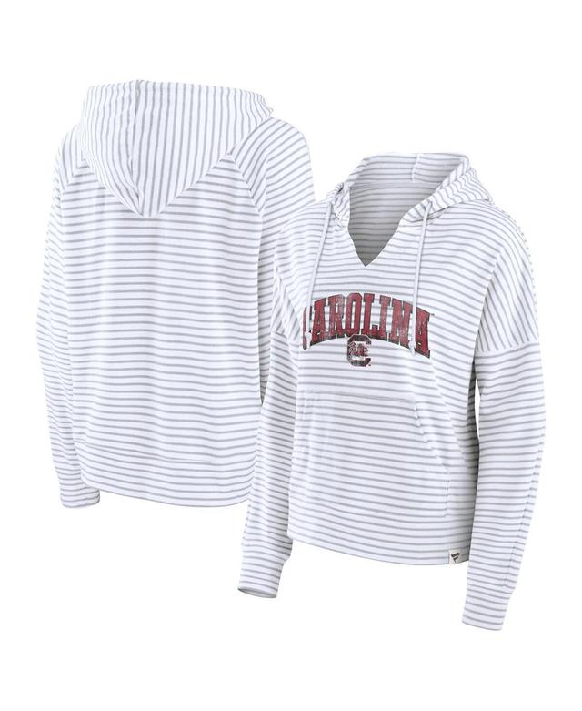 Fanatics Womens White South Carolina Gamecocks Arch Logo Striped Notch Neck Pullover Hoodie - White, Gray Product Image