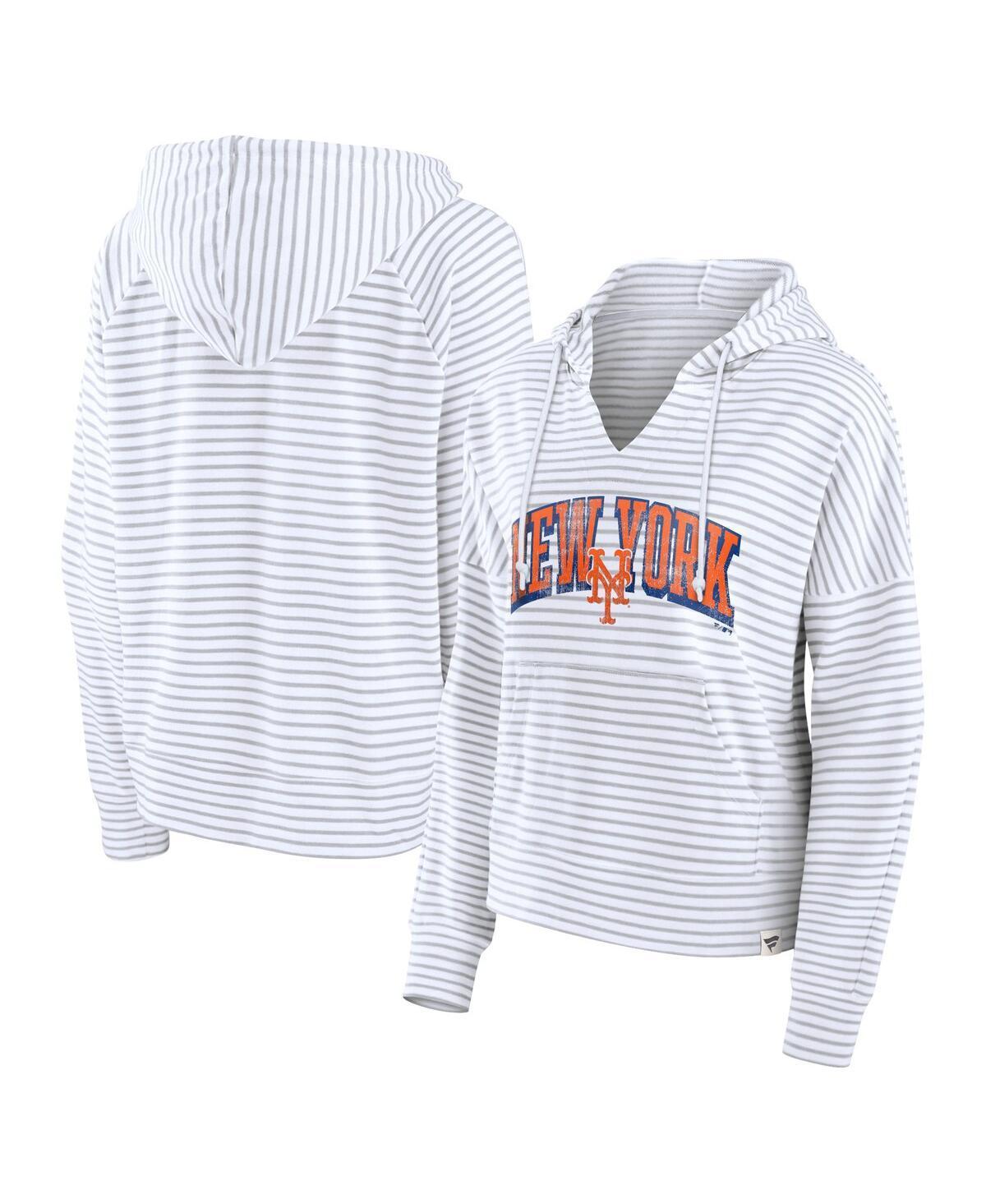 Fanatics Womens White New York Mets Striped Fundamentals Notch Neck Pullover Hoodie Product Image