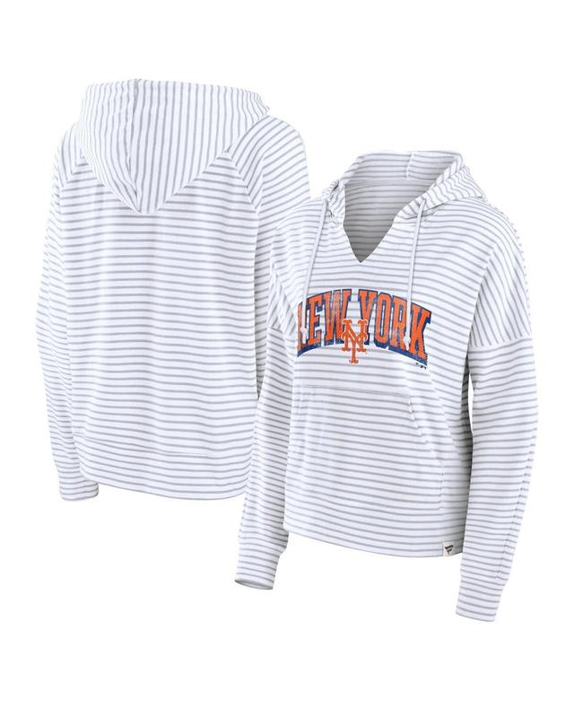 Fanatics Womens White New York Mets Striped Fundamentals Notch Neck Pullover Hoodie Product Image