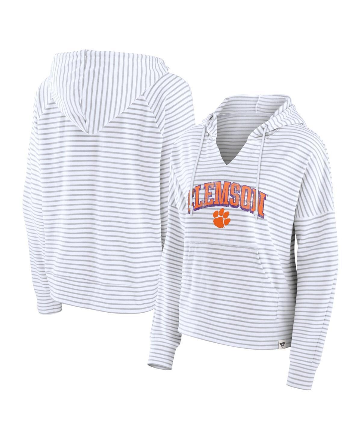 Fanatics Womens White Clemson Tigers Arch Logo Striped Notch Neck Pullover Hoodie - White, Gray Product Image