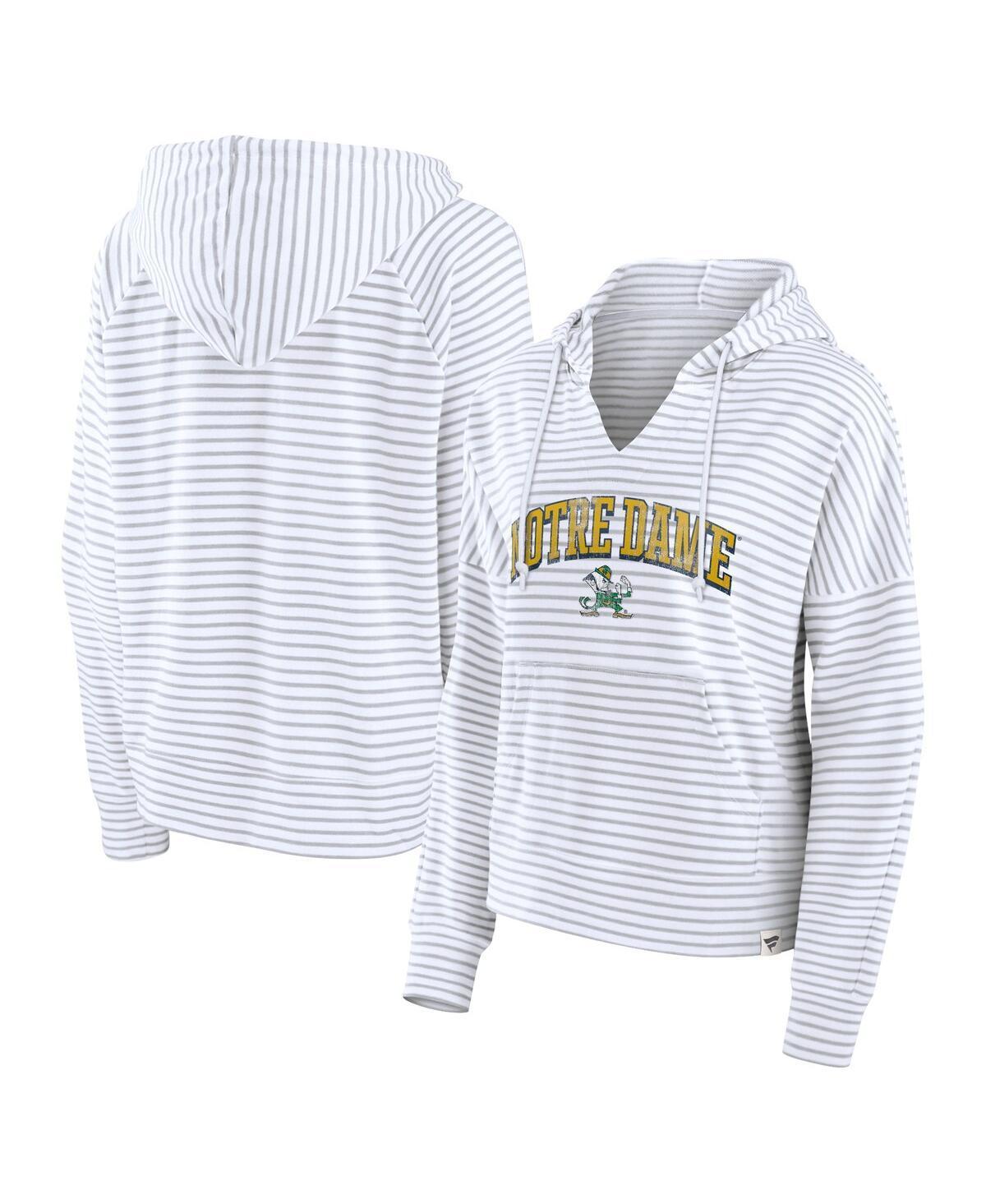 Fanatics Womens White Notre Dame Fighting Irish Arch Logo Striped Notch Neck Pullover Hoodie - White, Gray Product Image