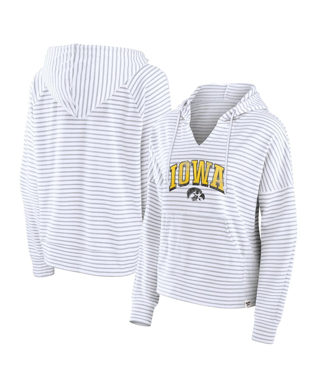 Fanatics Womens White Iowa Hawkeyes Arch Logo Striped Notch Neck Pullover Hoodie - White, Gray Product Image