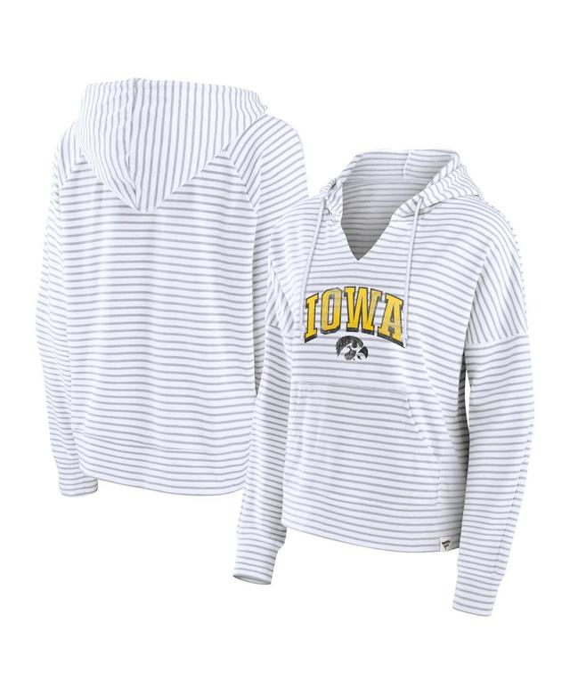 Fanatics Womens White Iowa Hawkeyes Arch Logo Striped Notch Neck Pullover Hoodie - White, Gray Product Image