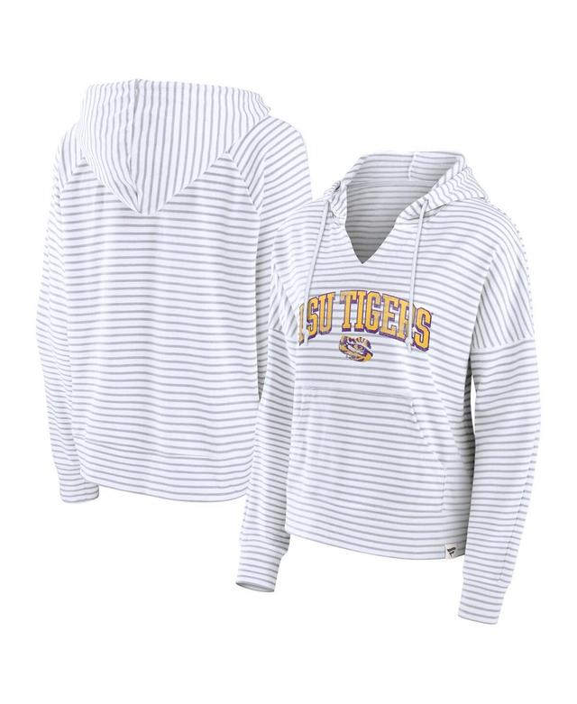 Fanatics Womens White Lsu Tigers Arch Logo Striped Notch Neck Pullover Hoodie - White, Gray Product Image