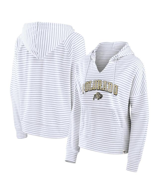 Fanatics Womens White Colorado Buffaloes Arch Logo Striped Notch Neck Pullover Hoodie - White, Gray Product Image