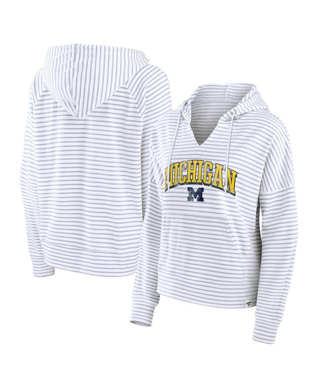 Fanatics Womens White Michigan Wolverines Arch Logo Striped Notch Neck Pullover Hoodie - White, Gray Product Image