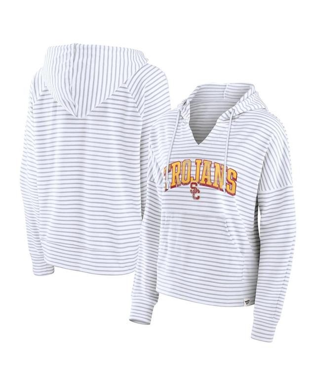 Fanatics Womens White Usc Trojans Arch Logo Striped Notch Neck Pullover Hoodie - White, Gray Product Image