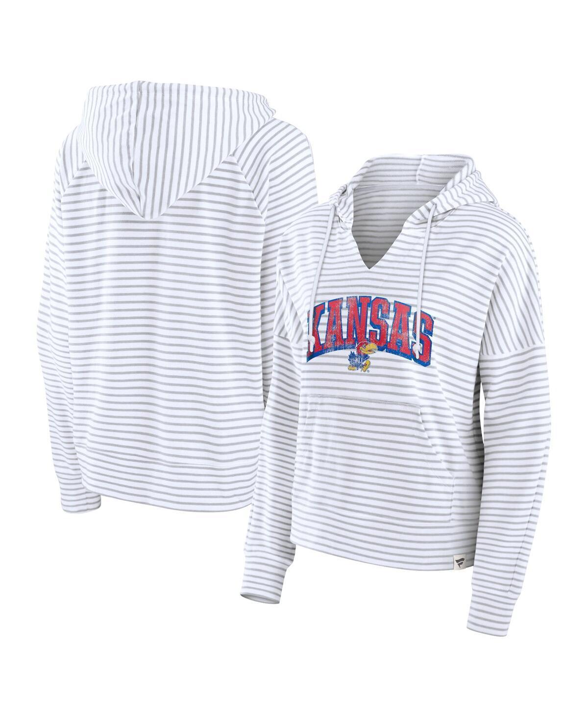 Fanatics Womens White Kansas Jayhawks Arch Logo Striped Notch Neck Pullover Hoodie - White, Gray Product Image