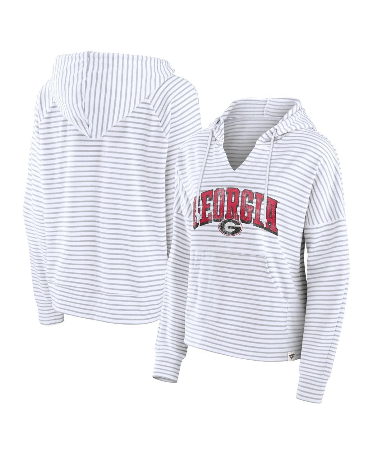 Fanatics Womens White Georgia Bulldogs Arch Logo Striped Notch Neck Pullover Hoodie - White, Gray Product Image