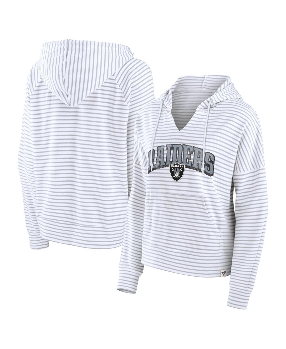 Fanatics Womens White Oklahoma State Cowboys Arch Logo Striped Notch Neck Pullover Hoodie - White, Gray Product Image