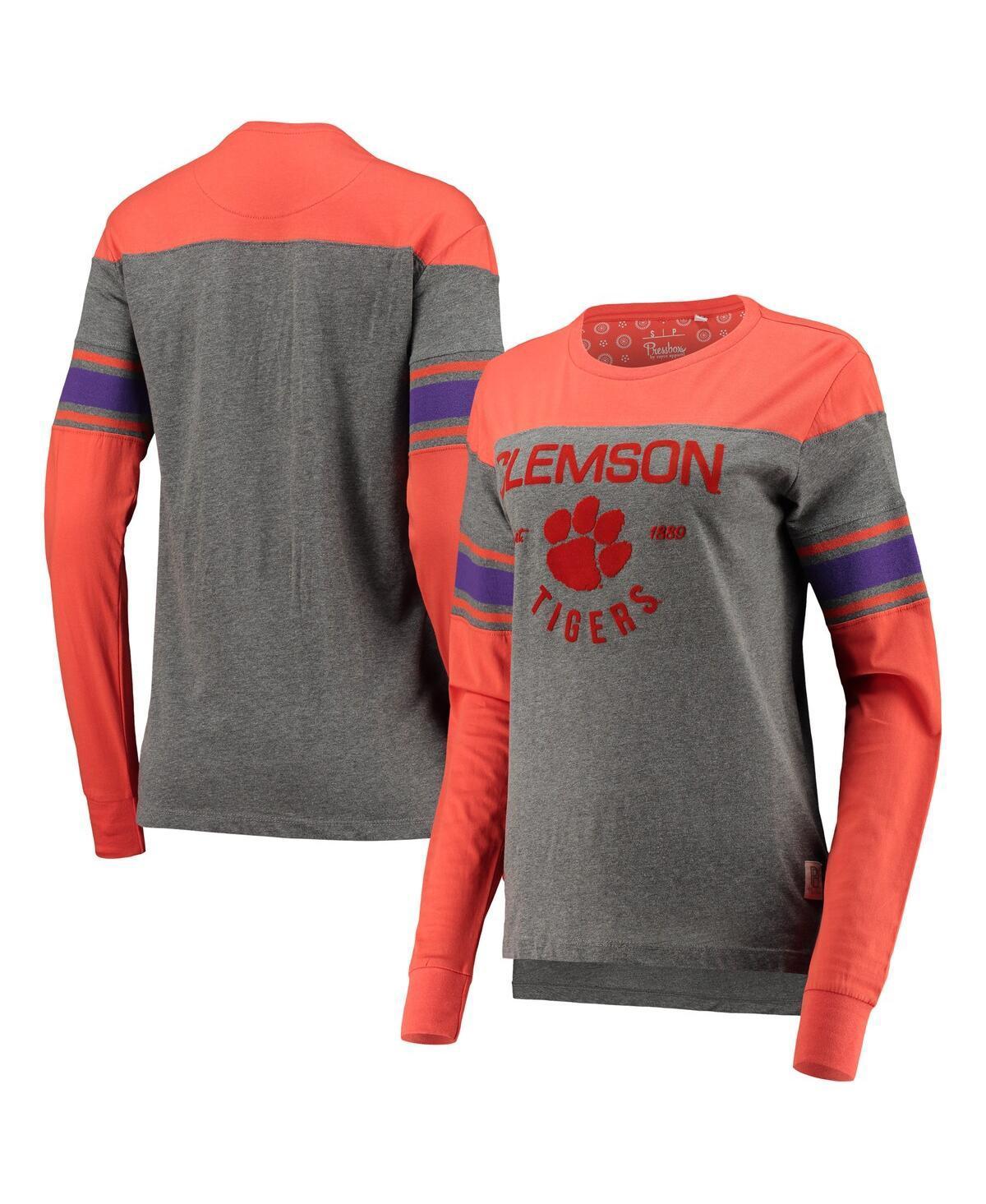 Womens Pressbox /Heathered Gray Clemson Tigers Lizzy Flocking Striped Long Sleeve T-Shirt Product Image