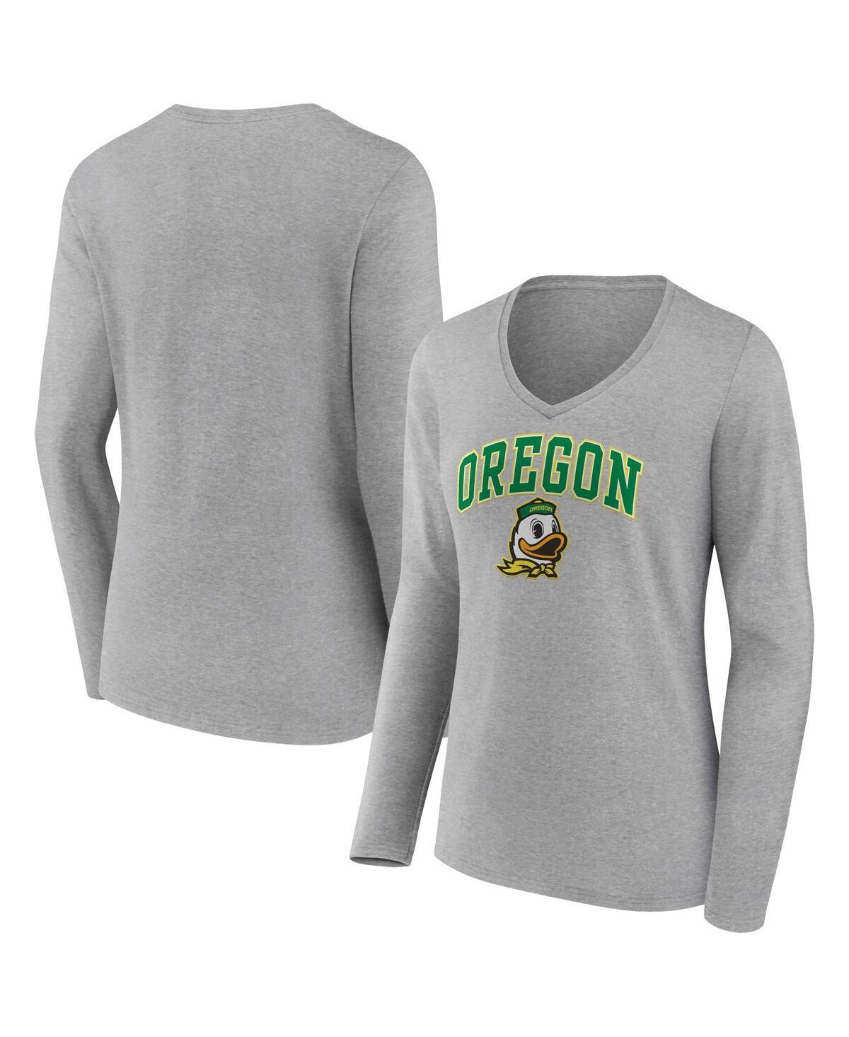 Womens Fanatics Heather Gray Oregon Ducks Evergreen Campus Long Sleeve V-Neck T-shirt Product Image