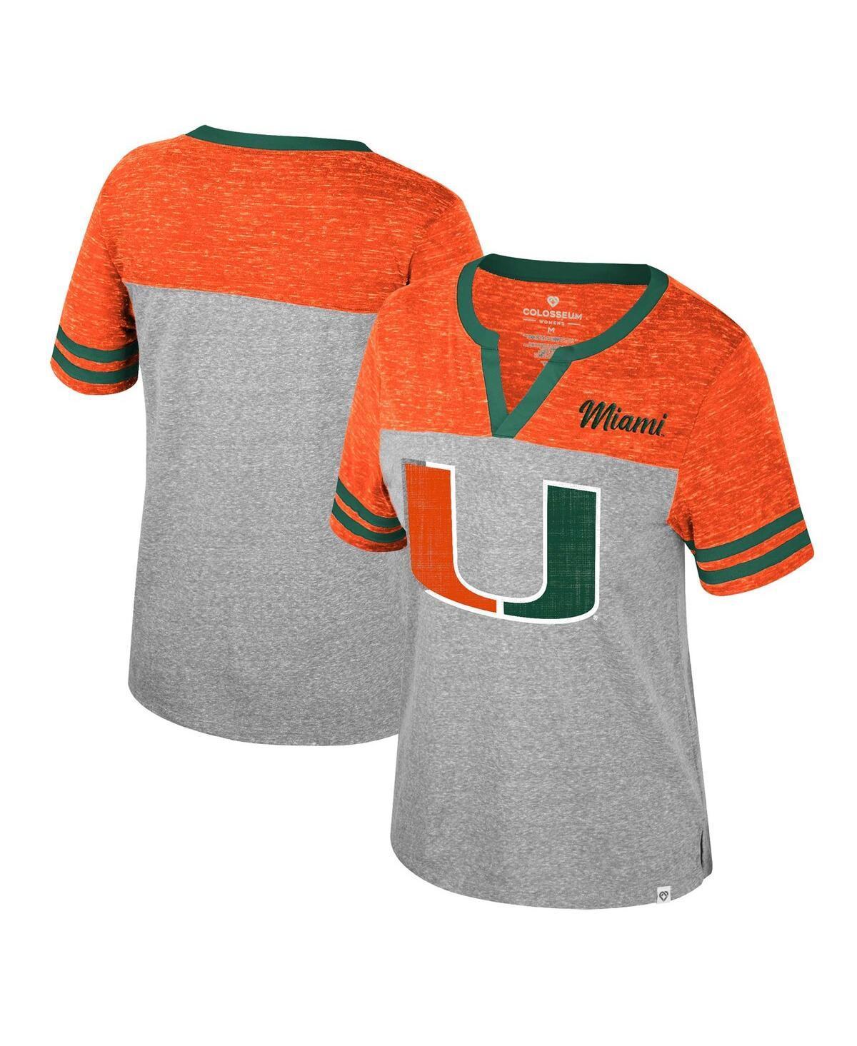 Colosseum Womens Heather Gray Miami Hurricanes Kate Color block Notch Neck T-Shirt Product Image