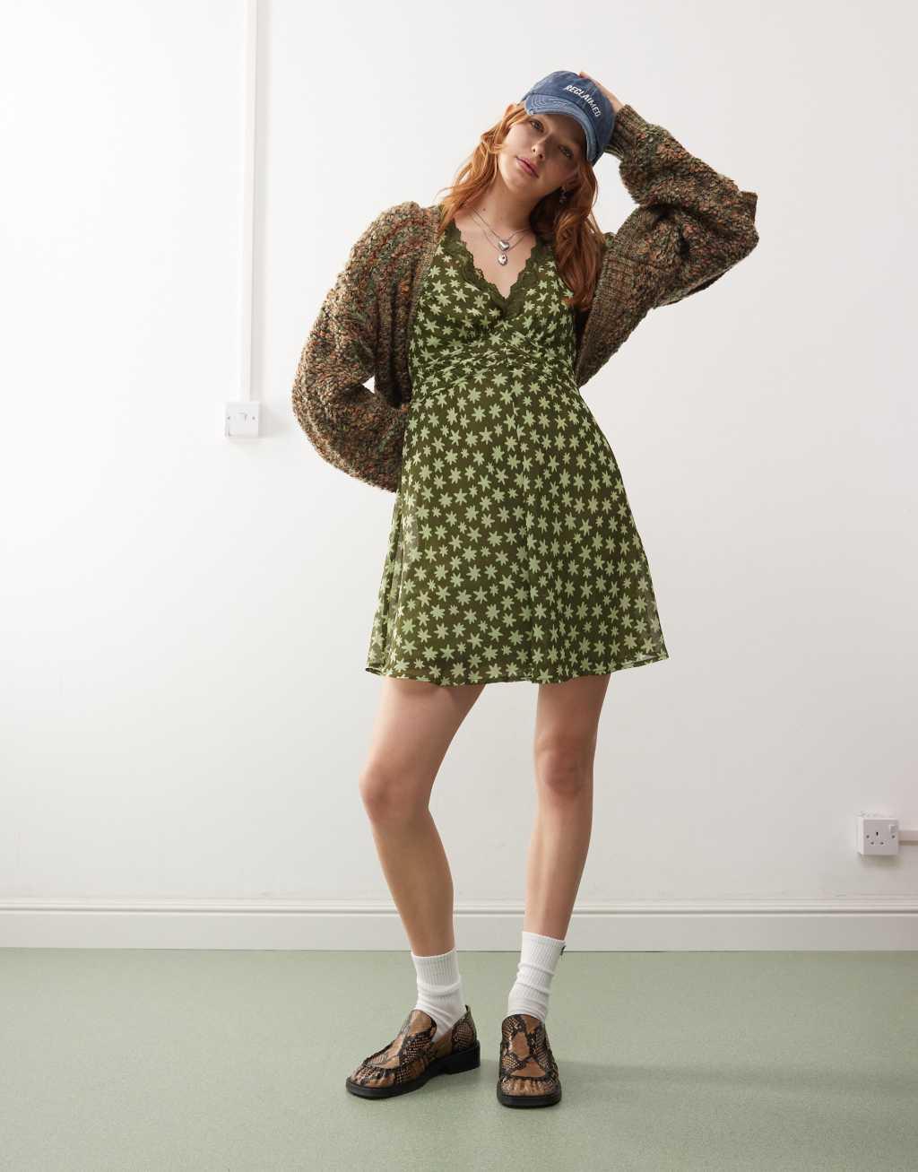 Reclaimed Vintage mini tea dress in green print Product Image