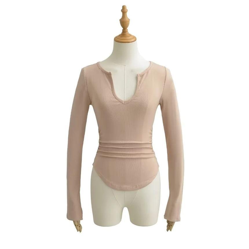 Long-Sleeve V-Neck Plain Crop Top Product Image