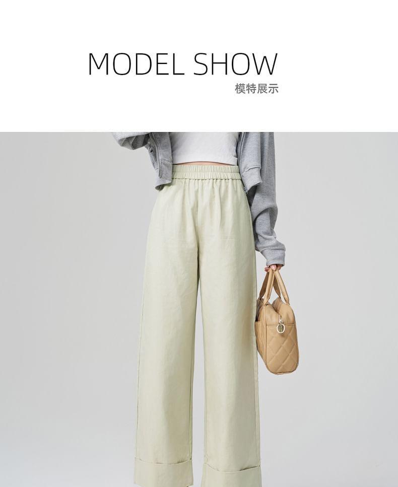 Elastic Waist Plain Roll Up Hem Cropped Wide Leg Pants Product Image