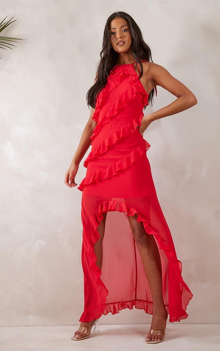 Tall Red Strappy Frilled Maxi Dress Product Image