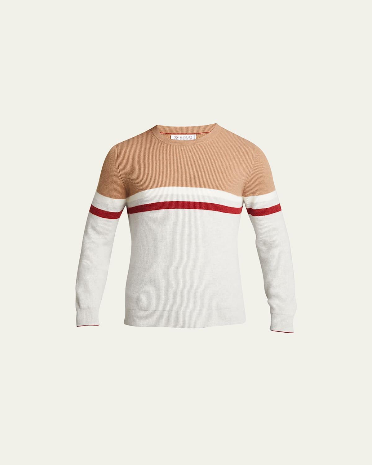 Brunello Cucinelli Men's English Ribbed Stripe Cashmere Sweater - Size: 56 EU (46 US) - BEIGE Product Image