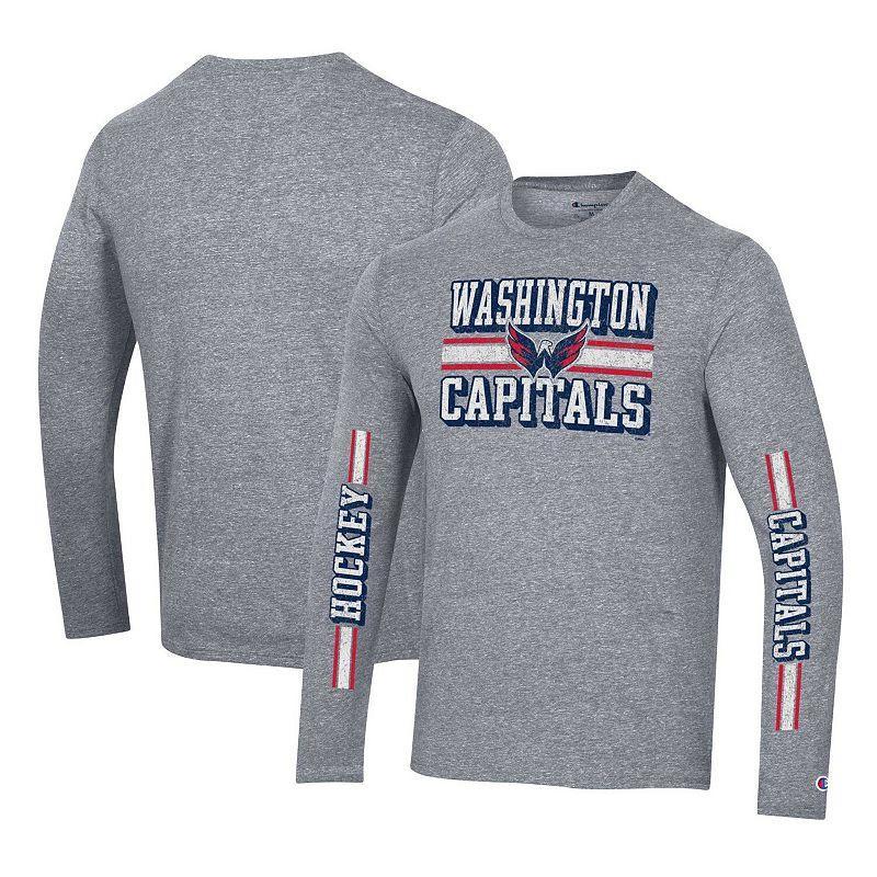 Mens Champion Heather Gray Washington Capitals Tri-Blend Dual-Stripe Long Sleeve T-Shirt Product Image