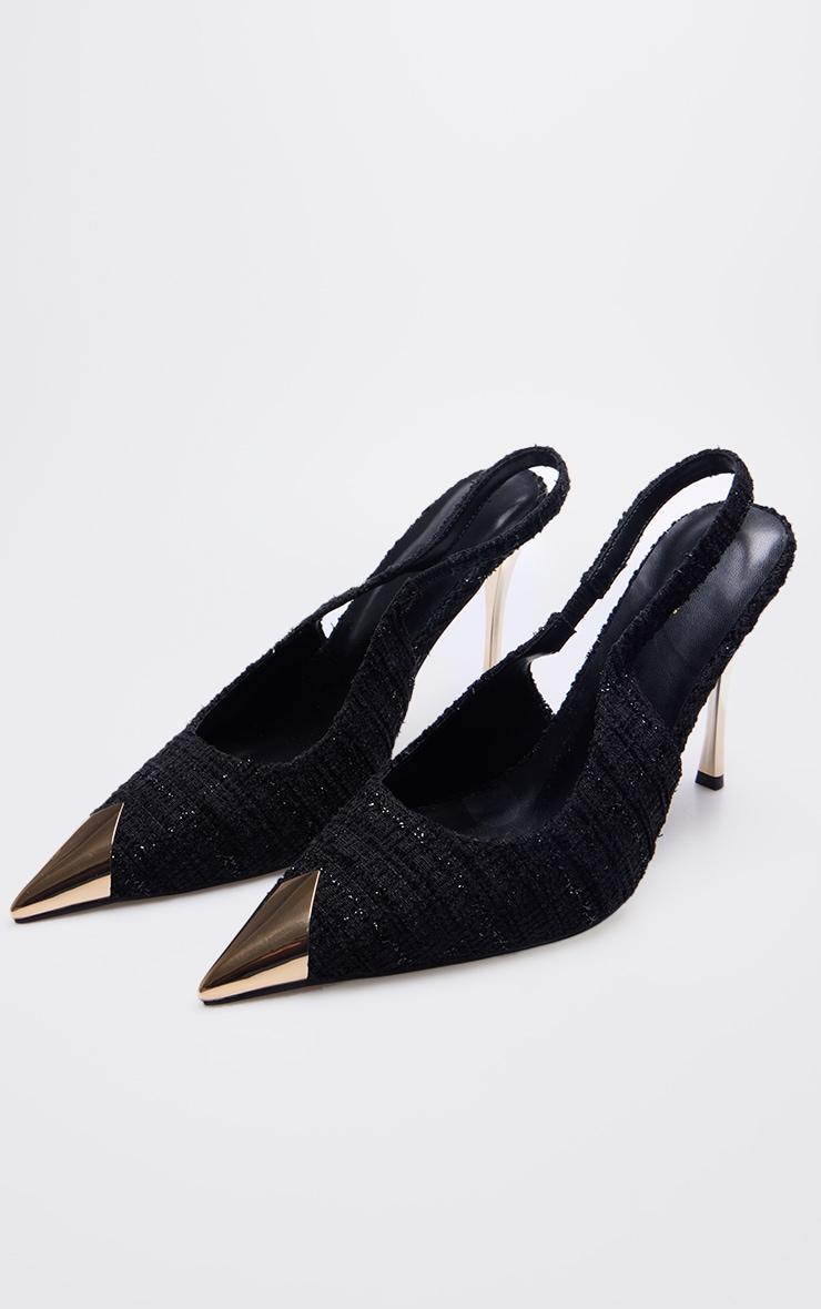 Black Boucle Metal Toe Cap High Stiletto Court Heels Product Image