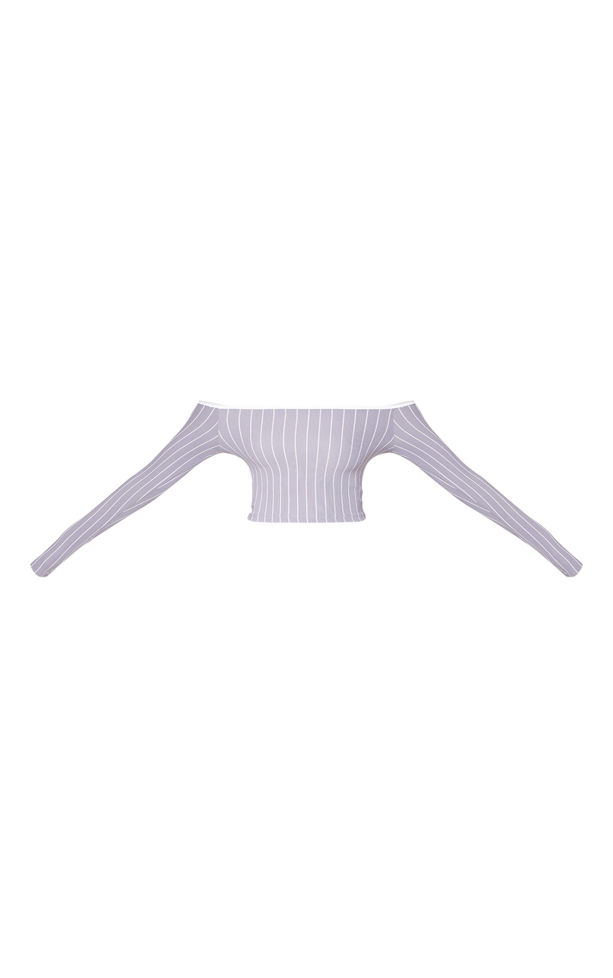 Grey Contrast Detail Pinstripe Bardot Long Sleeve Top Product Image