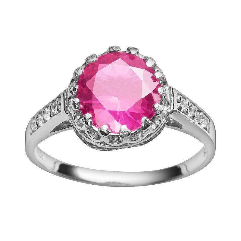 Designs by Gioelli Sterling Silver Lab-Created Pink Sapphire and Lab-Created White Sapphire Crown Ring, Womens Product Image