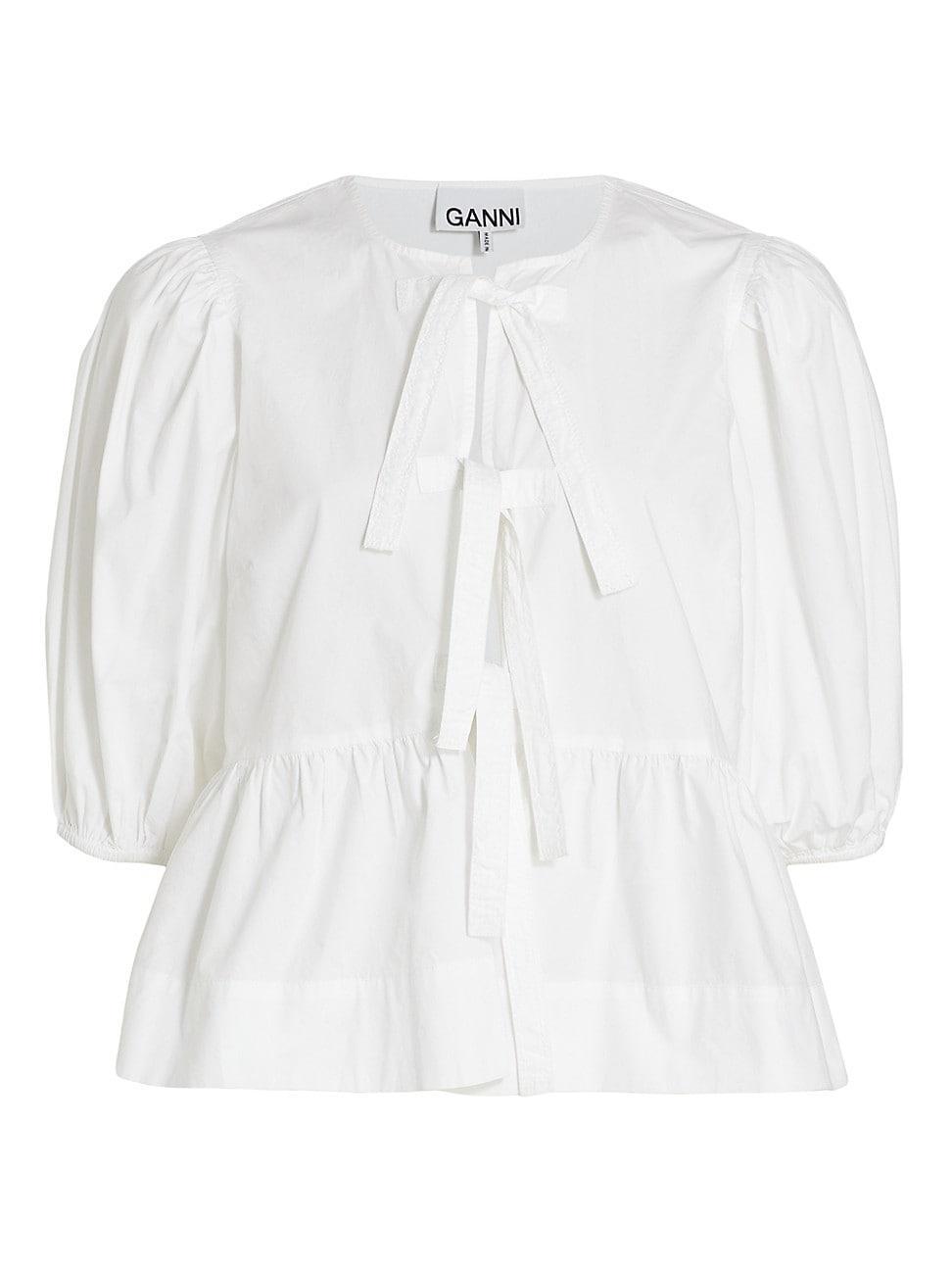 Poplin Front-Tie Peplum Blouse with Puffed-Sleeves Product Image