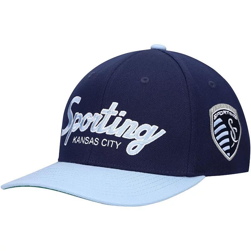 Mens Mitchell & Ness Navy Sporting Kansas City Team Script 2.0 Stretch Snapback Hat Product Image