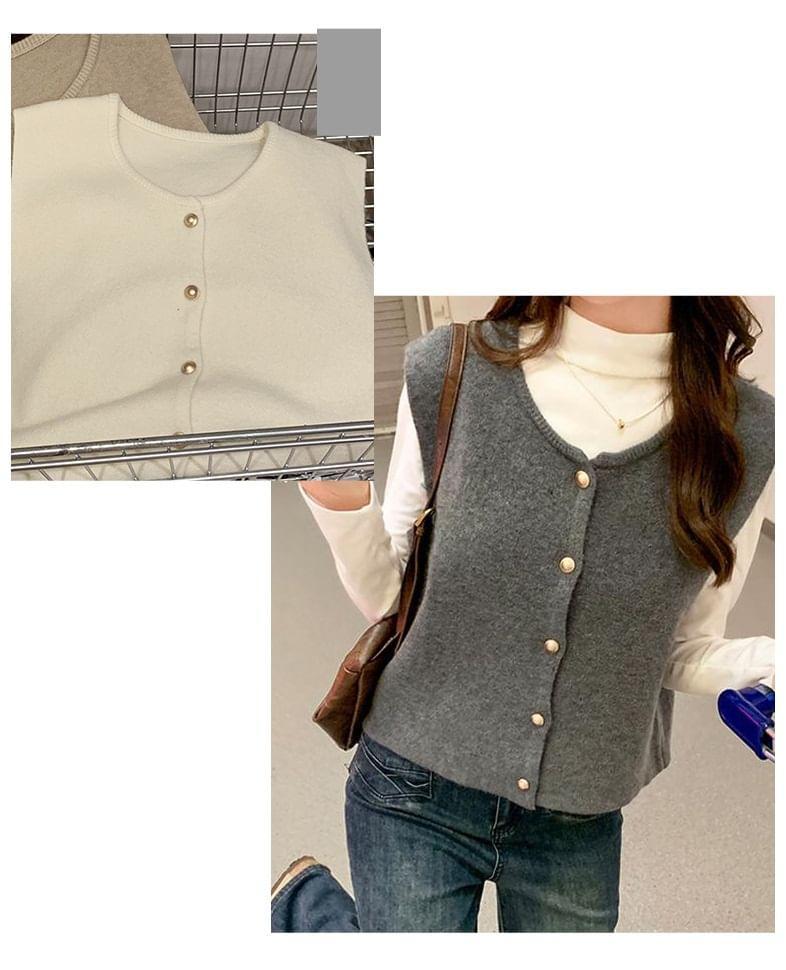 Round Neck Button Up Plain Sweater Vest Product Image