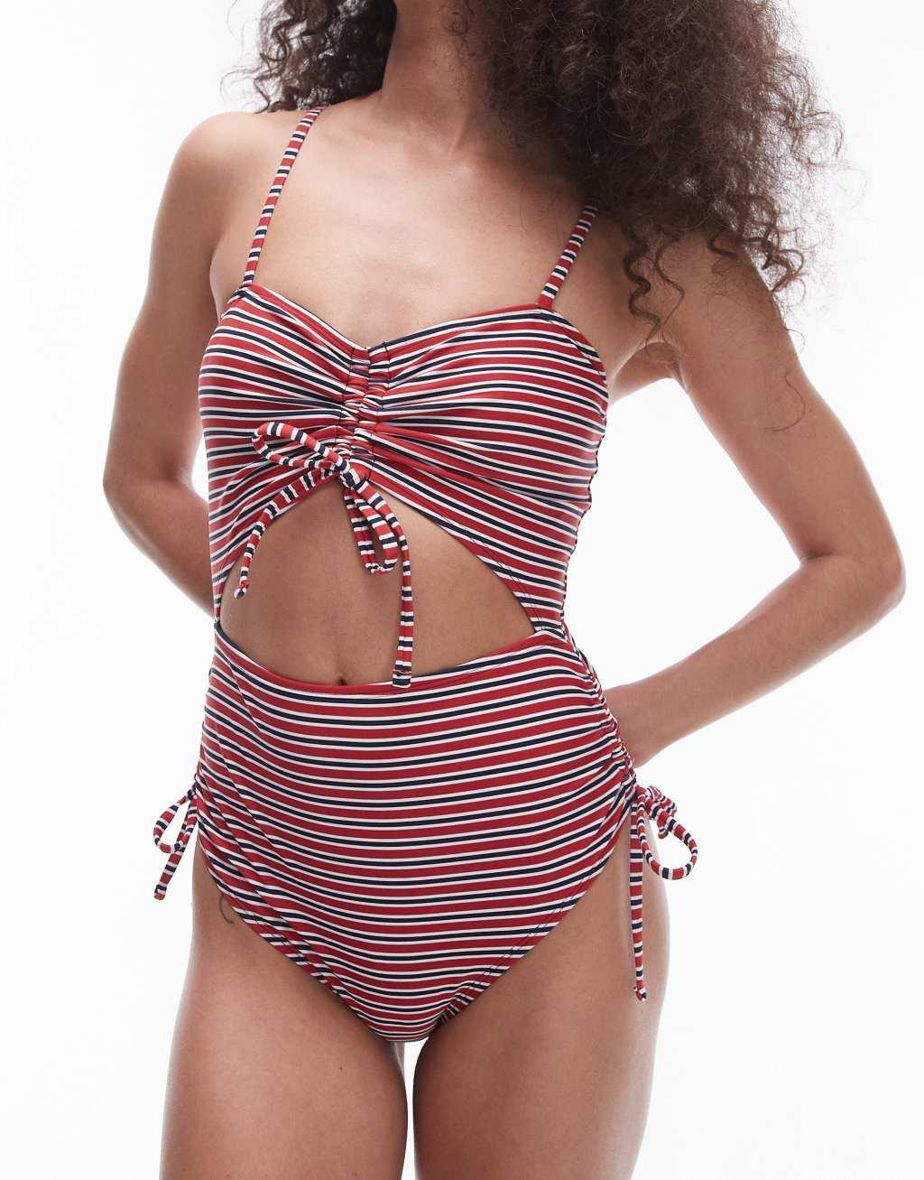 Topshop cut out Swimsuit in red stripe Product Image