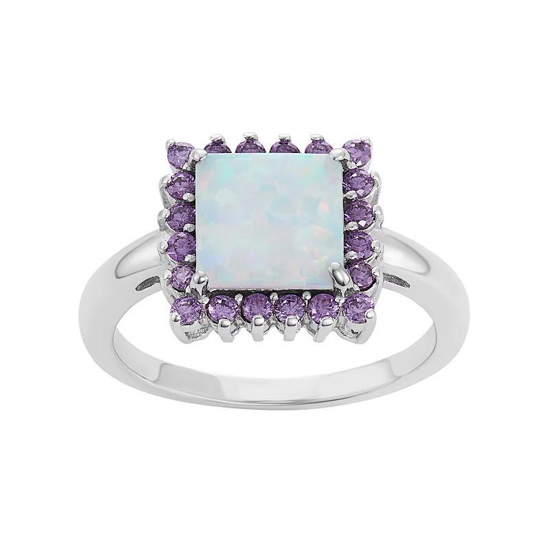 Sterling Silver Lab-Created Opal & Cubic Zirconia Square Halo Pendant Ring, Womens Purple Product Image