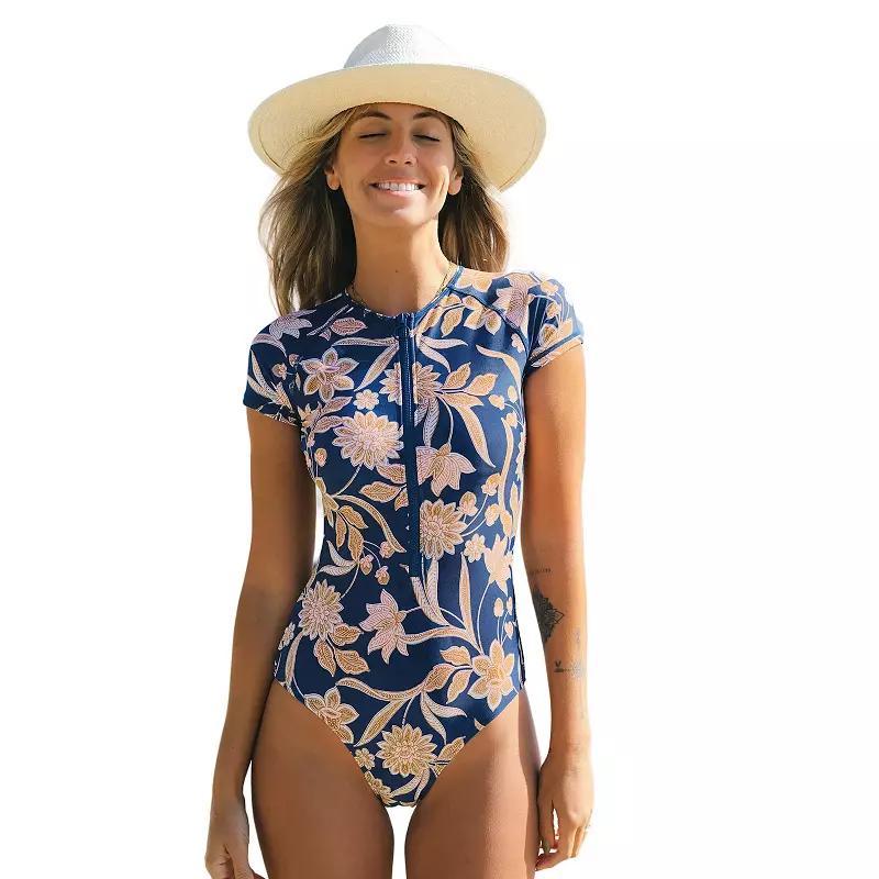 Womens CUPSHE Retro Floral Zip Front Short Sleeve One Piece Swimsuit Blue Retro Floral Product Image