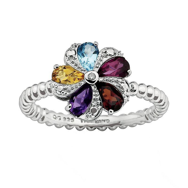 Stacks & Stones Sterling Silver Gemstone & Diamond Accent Beaded Flower Stack Ring, Womens Multicolor Product Image