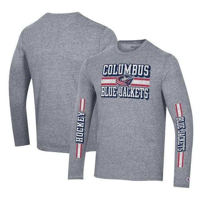 Mens Champion Heather Gray Distressed Columbus Blue Jackets Tri-Blend Dual-Stripe Long Sleeve T-shirt Product Image