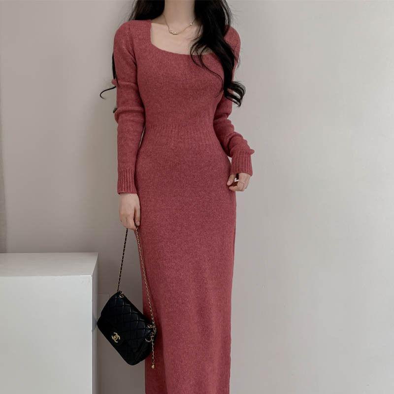 Long-Sleeve Square-Neck Plain Ribbed Midi Knit Dress Product Image