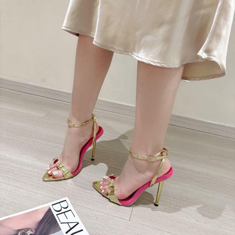 Stiletto Pointed Toe Ankle Strap Metallic Patent Leather Slingback Sandals Product Image