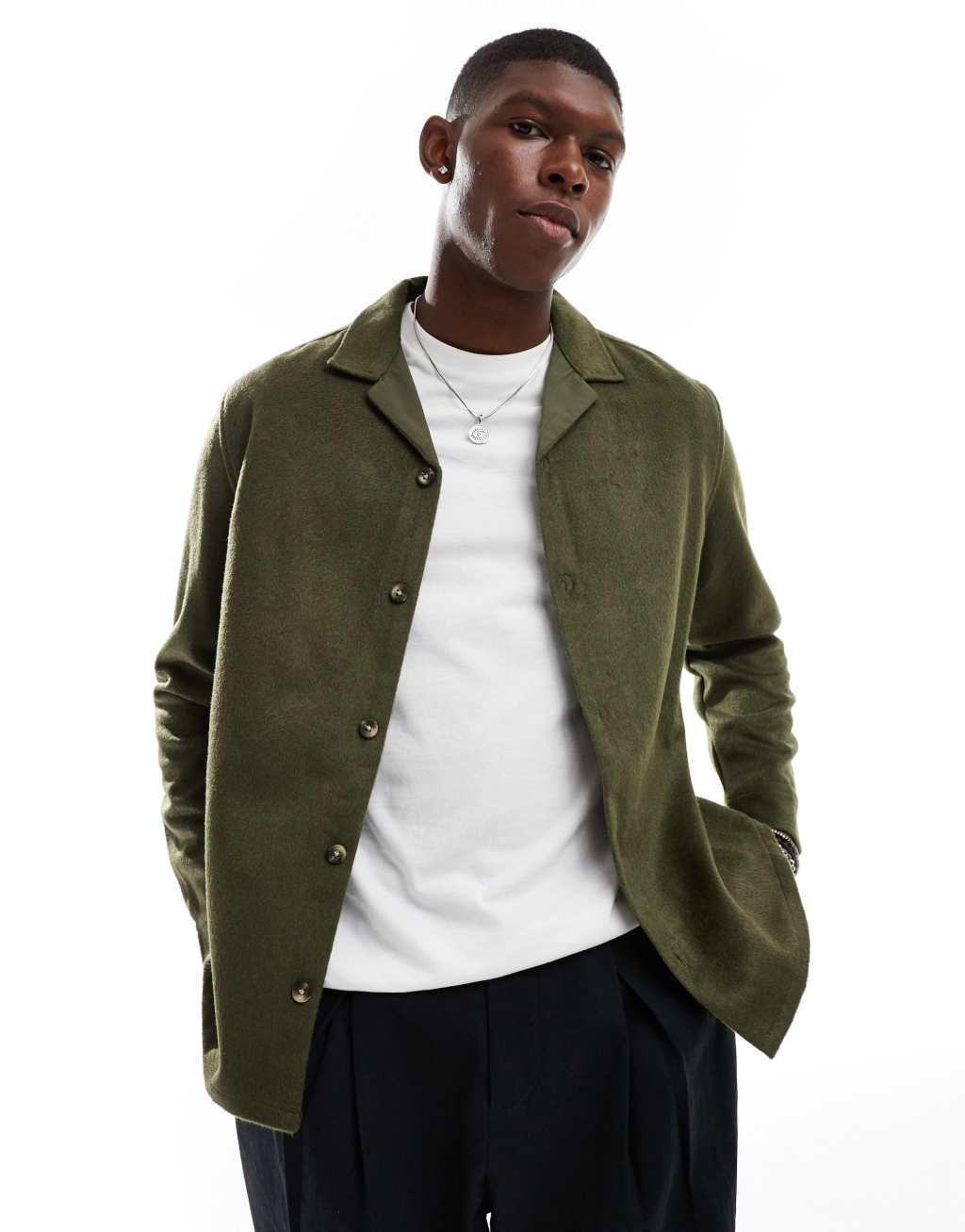 ASOS DESIGN brushed wool look overshirt with camp collar in khaki Product Image