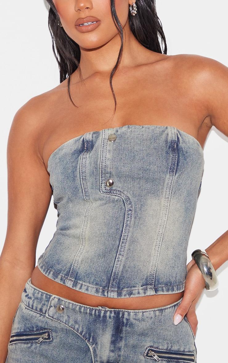 Vintage Seam Detail Strapless Denim Bandeau Top Product Image