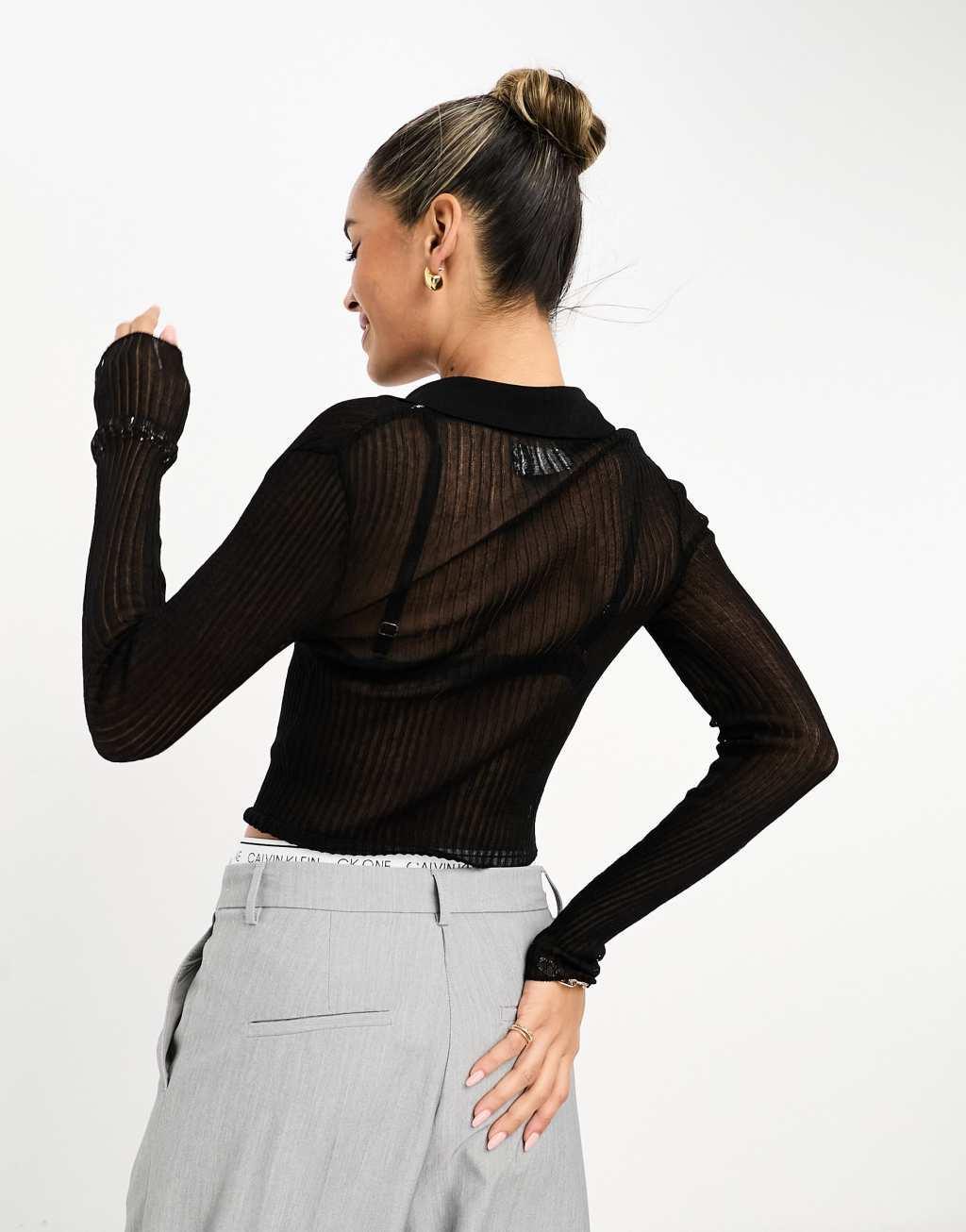 ASOS DESIGN sheer button up knit top with collar in black Product Image