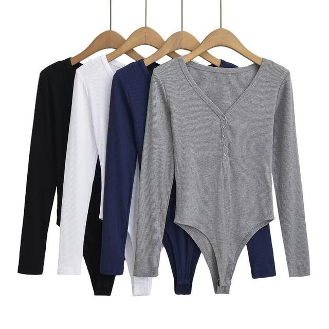 Long-Sleeve V-Neck Plain Ribbed Half-Buttoned Bodysuit Top Product Image